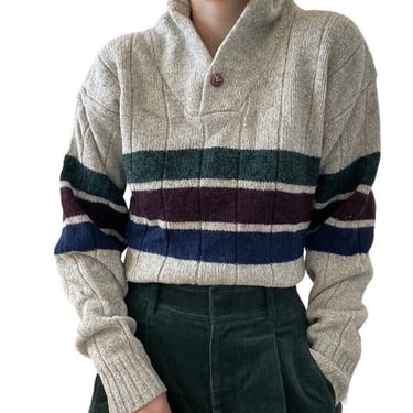 Vintage 1990s Unisex Wool Striped Preppy Oversized Cowl Neck Henley Sweater Sz L 