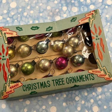 miniature Christmas ornaments 1950s colorful tiny mercury glass balls vintage Christmas mini tree 