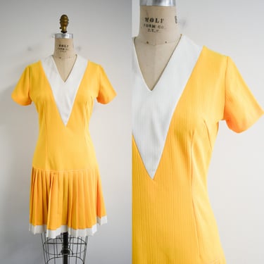 1960s Sherry Kent Yellow Knit Drop Waist Dress 