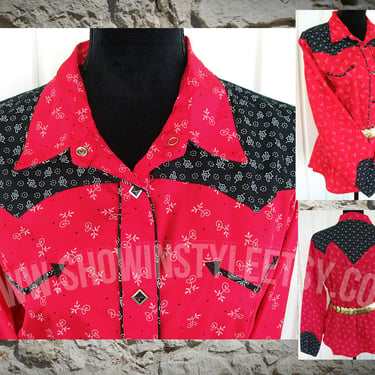 Vintage Retro Women's Cowgirl Western Shirt by Roper, Rodeo Queen Blouse, Embroidered Red & Black Floral Print, XLarge (see meas. photo) 