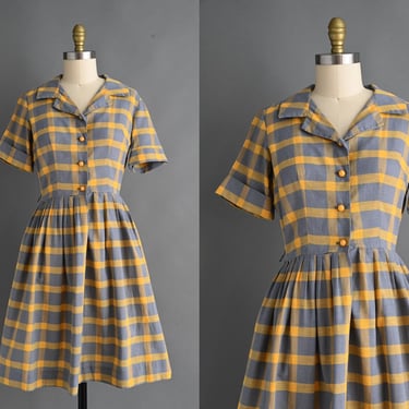 vintage 1950s Dress | Mr. Kolber Yellow & Gray Plaid Print Cotton Shirtwaist Dress | Medium 