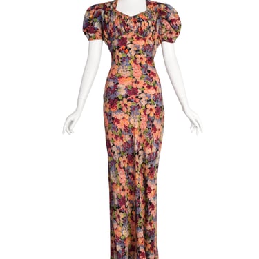 Vintage 1930s Black Colorful Floral Floral Rayon Bias Puff Sleeve Gown