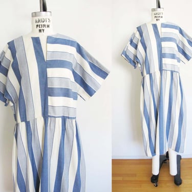 Vintage 80s Blue White Stripe Cotton Minimalist Dress M - 1980s Wide Sleeve Simple Midi Sundress 