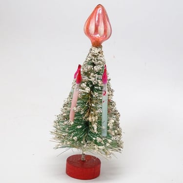 Vintage 1950's Sisal Bottle Brush Christmas Tree, Decorated with Glass Candle Ornaments 