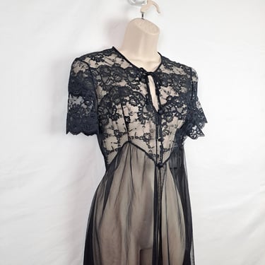 Vintage 70s Black Sheer Lace Duster Lingerie 