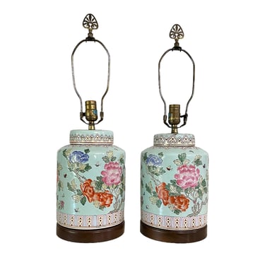 Chinese Porcelain Ginger Jar Table Lamps Set 24” Tall Handpainted Mint, Blue, Pink, Orange, Green, Ivory - 2 Vintage Floral Chinoiserie Pair 