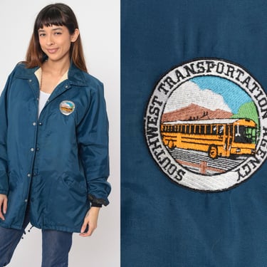 70s School Bus Windbreaker Jacket Southwest Transportation Agency Navy Blue Uniform Jacket Snap Up Caruthers California Vintage Men's Large 