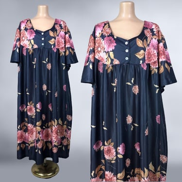 VINTAGE 80s Chrysanthemum Print House Dress Kaftan with Pockets 4X | 1980s Plus Size Floral Print Caftan Hostess Lounge Dress | VFG 