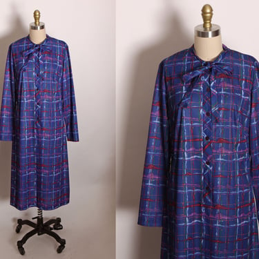 1970s Blue, Red and Purple Plaid Long Sleeve Button Up Pussybow Dress by Lady Blair -M 
