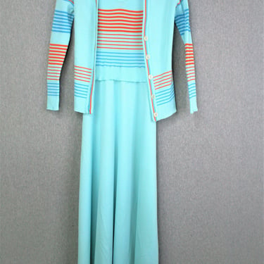 1970s - Mod - Two Piece by Giamo Knits - Aqua - Sporty Stripe - Maxi - Estimated size S/M 