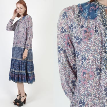 Authentic Kaiser Brand India Guaze Dress / Thin Purple Floral Block Print Cotton / Ethnic Sheer Summer Midi Size S 