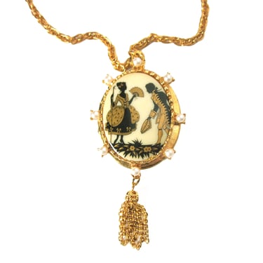 Painted Porcelain Cameo Locket Necklace, Ornate Gold Tone Pendant, 1970s Victorian Revival Jewelry, Mom Grandmother Gift, Photo Keepsake 