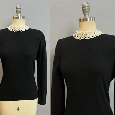 1950s Cashmere Sweater / 50s Barbara Lee Black Cashmere / Lace Collar Sweater / Size Medium 
