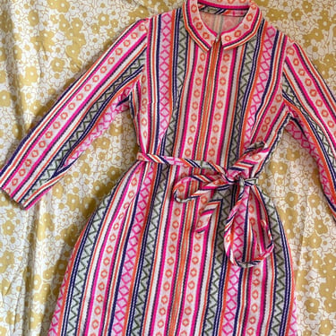 1960s neon knit poly zip up house dress, psychedelic, dayglo 