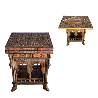 An Intricately Inlaid Moorish Square Game Table with Pivoting Handkerchief Top