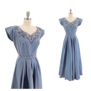 50s Blue Taffeta Beaded Sequin Evening Gown / 1950s Vintage Floor Length Party Prom Dress / Medium / Size 8 