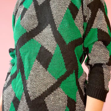 1980s Green and Black Abstract Sweater, sz. M