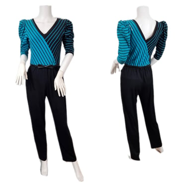 1980s Turquoise Blue Black Poly Knit Striped One Piece Jumpsuit I Sz Med I New Wave 