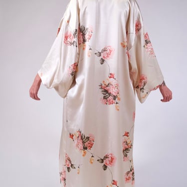 Oscar de La Renta Robe Y2K Cream Satin Floral Kimono Wrap Robe Duster Vintage Lingerie Boudoir House coat Medium 