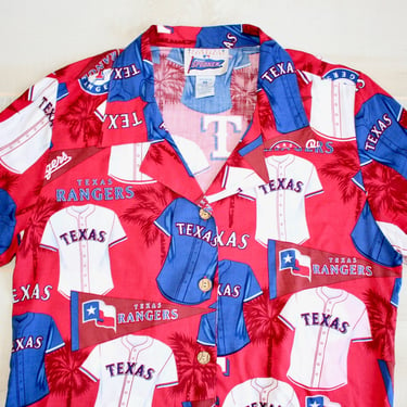 Vintage 80s Texas Rangers Shirt, Novelty Print, Button Down, Baseball, MLB, Hawaiian, Sports, 1980s 