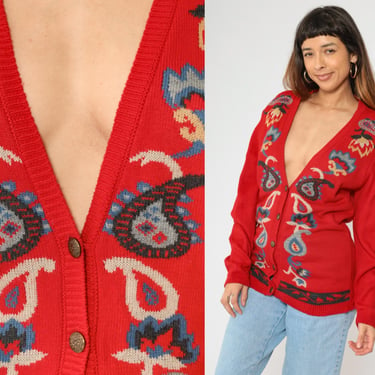 80s Paisley Cardigan Sweater Red Floral Deep V Neck Boho Button Up Knit 90s Acrylic Sweater Vintage Retro Medium 