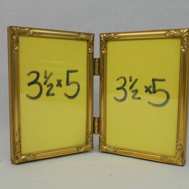 Vintage Hinged Double Picture Frame - Nice Decorative Corners - Gold Tone Metal w/ Glass - Holds Two 3 1/2