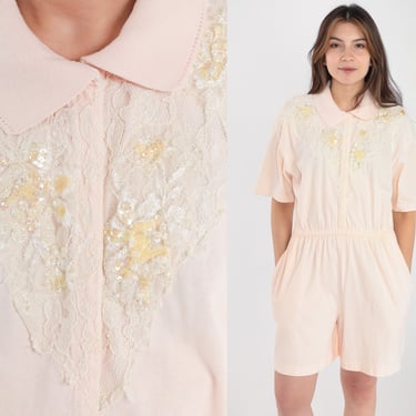 80s Romper Baby Pink Sequin Beaded Lace Cotton Playsuit One Piece Jumpsuit Short Sleeve 1980s Button Up Vintage Retro High Waist Small S 
