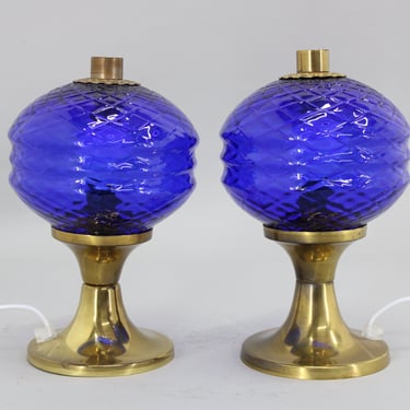 1970s Pair of Brass and Glass Table Lamps , Czechoslovakia / Vintage Table Lamp / Mid-century / Blue Colour / 