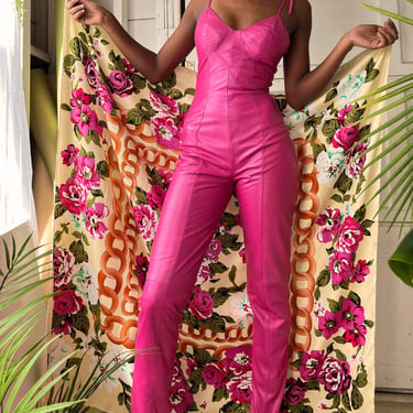 90s North Beach Pink Leather Jumpsuit | XS - S