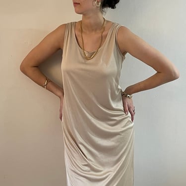 90s tank dress / vintage champagne gold stretch knit jersey sleeveless tank knee length handmade layering sleeveless dress | Medium 