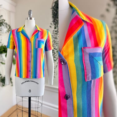 Vintage 1970s Blouse | 70s Rainbow Striped Cotton Button Up Short Sleeve Top (small) 