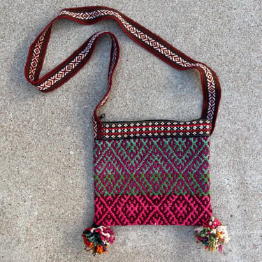 Handmade Woven Indie Boho Pom Pom Square Small Crossbody Bag 