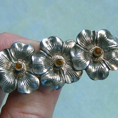 Vintage Sterling Flower Hair Barrette, Sterling Hair Clip Accessory, Old Sterling Hair Barrette With Flower Motif (#4411) 