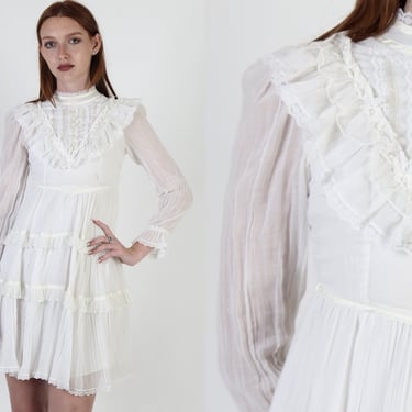 Vintage 70s Gunne Sax Dress / White Gauze Romantic Deco Dress / Plain Sheer Floral Lawn Mini / Victorian High Neckline 