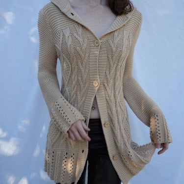 BCBG Vintage Tan Cardigan / y2k Cotton Knit Sweater / Hipster Knitwear / Long Cardigan Sweater with a Hood / Cable Knit Sweater 