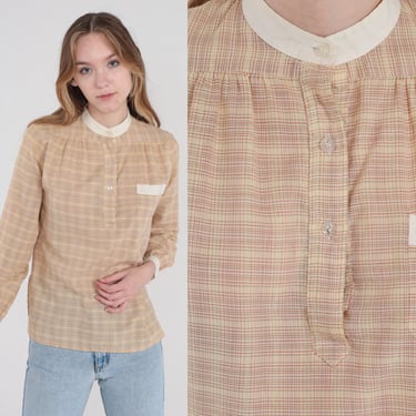 Plaid Blouse 70s Checkered Top Half Button Up Long Sleeve Shirt Retro Preppy Semi-Sheer Tan White Vintage 1970s Organically Grown Small S 