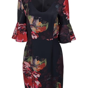 Trina Turk - Black w/ Red Floral Print Bell Sleeve Dress Sz 10