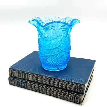Kemple / McKee Aqua Blue Glass Aztec Pattern Spooner Vase, Vintage Glassware, Daisy and Button, Turquoise Bright Ice Blue Spoon Holder, MCM 