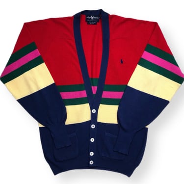Vintage 90s Ralph Lauren 100% Cotton Striped Knit Cardigan Sweater Size Large/XL 