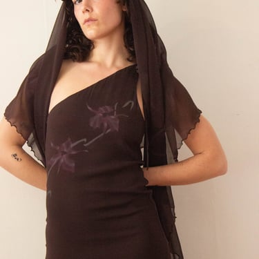 1970s Nan Duskin Hand-Painted Silk Chiffon One Shoulder Gown 