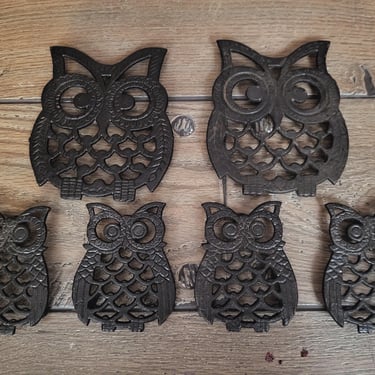 Vintage Cast Iron Owl Trivet Set 