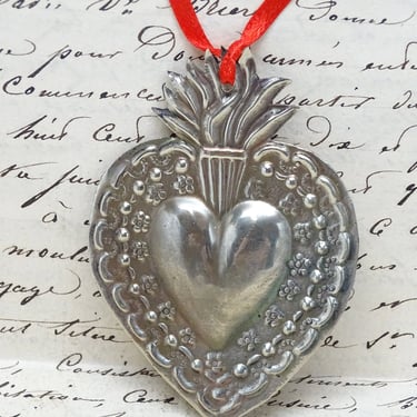 Vintage 2 1/2 Inch Silvered Ex Voto, Sacred Heart of Jesus Milagro from Latin America 