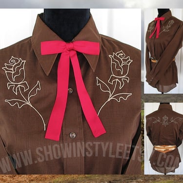 Vintage Retro Women's Cowgirl Western Shirt by Goatroper, Rodeo Queen, Dark Brown with Embroidered Flowers, Approx. Medium (see meas. photo) 