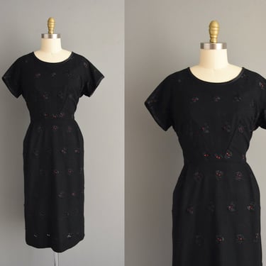 1950s vintage dress | Forever Young Black Wool Red Floral Pencil Skirt Dress | Large | 50s dress 