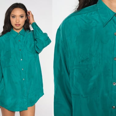 90s Silk Shirt Button Up Blouse Green Long Sleeve Top 80s Oversized Grunge 1990s Vintage Collared Button Down Classic Retro Large L 14 