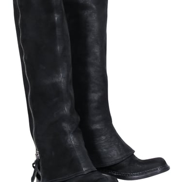 Miu Miu - Black Oil Slick Leather Fold Over Zipper Tall Boots Sz 7.5