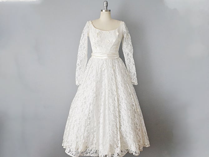1950s Wedding Dress / Vintage Wedding Dress / Bridal Dress / Lace Wedding Dress / T-Length Wedding Dress / Size Small Size Extra Small 