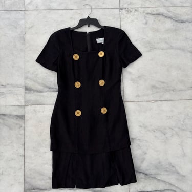 Vintage Santa Fe Dress Black Gold Buttons Linen Overlay Short Sleeve Womens 8 