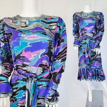 1980's Beaded Psychedelic Swirl Print Black Blue Silk Dress I Sz Med I Judith Ann Creations 