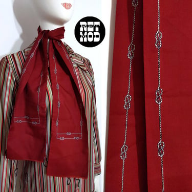 Chic Vintage 70s 80s Maroon Long Scarf with Knots Border Motif 